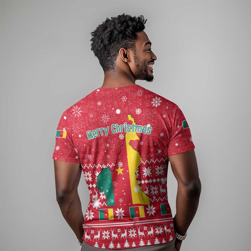 Cameroon Christmas T shirt Snowflake Pattern Traditional Santa and Map Motif - African Pride