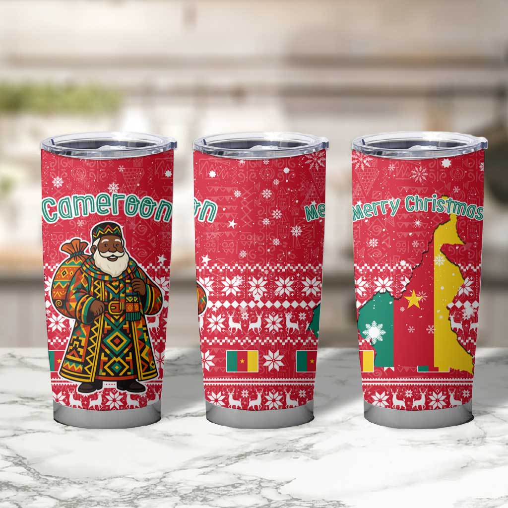 Cameroon Christmas Tumbler Cup Snowflake Pattern Traditional Santa and Map Motif - African Pride