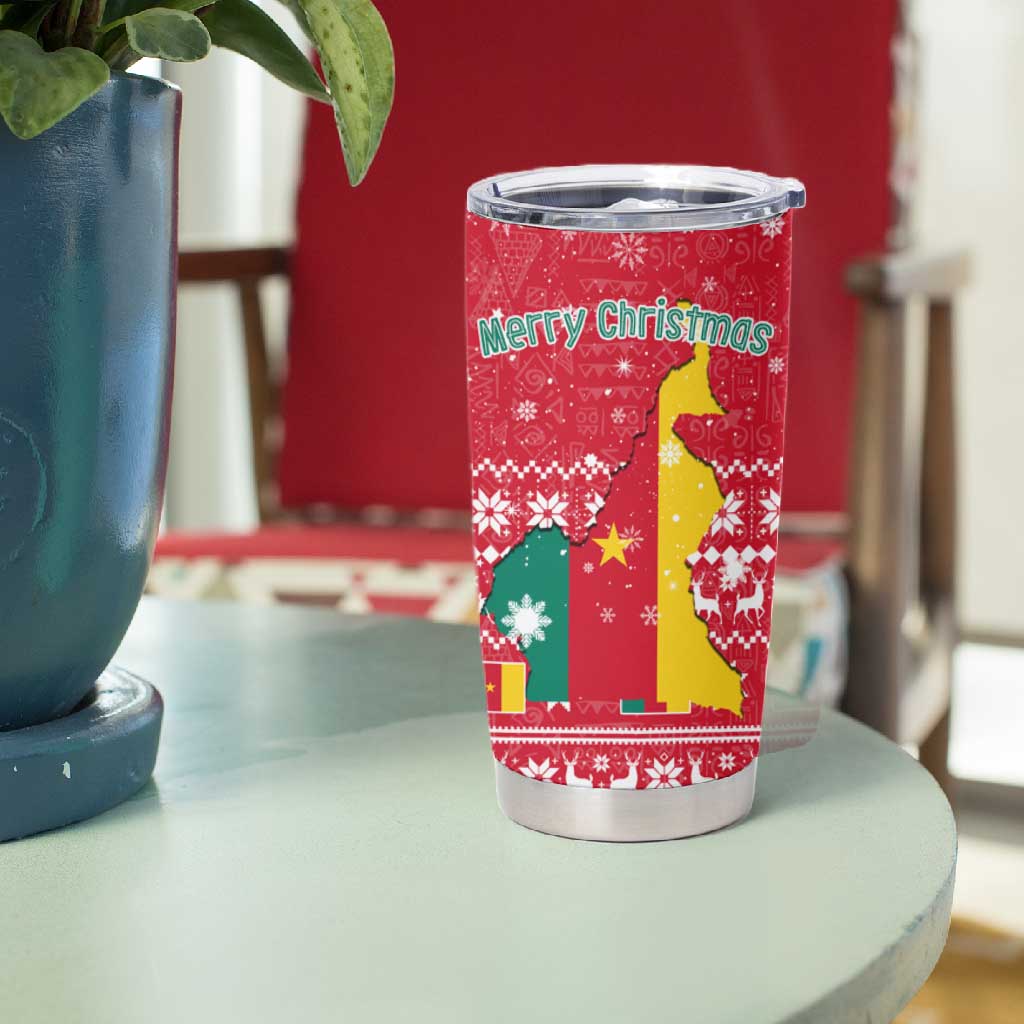 Cameroon Christmas Tumbler Cup Snowflake Pattern Traditional Santa and Map Motif - African Pride