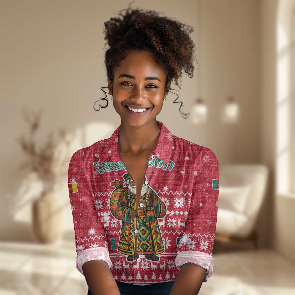 Cameroon Christmas Women Casual Shirt Snowflake Pattern Traditional Santa and Map Motif - African Pride