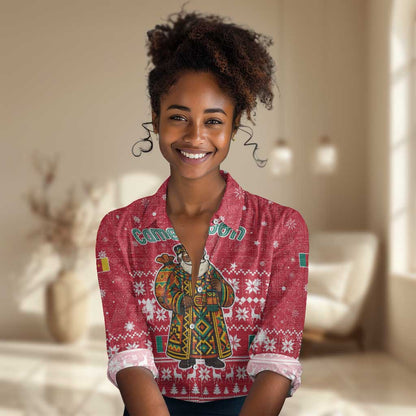 Cameroon Christmas Women Casual Shirt Snowflake Pattern Traditional Santa and Map Motif - African Pride