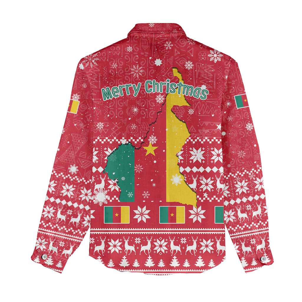 Cameroon Christmas Women Casual Shirt Snowflake Pattern Traditional Santa and Map Motif - African Pride