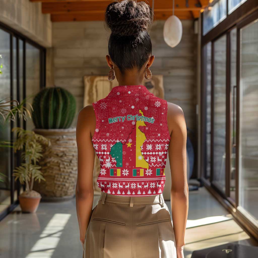 Cameroon Christmas Women Sleeveless Polo Shirt Snowflake Pattern Traditional Santa and Map Motif - African Pride