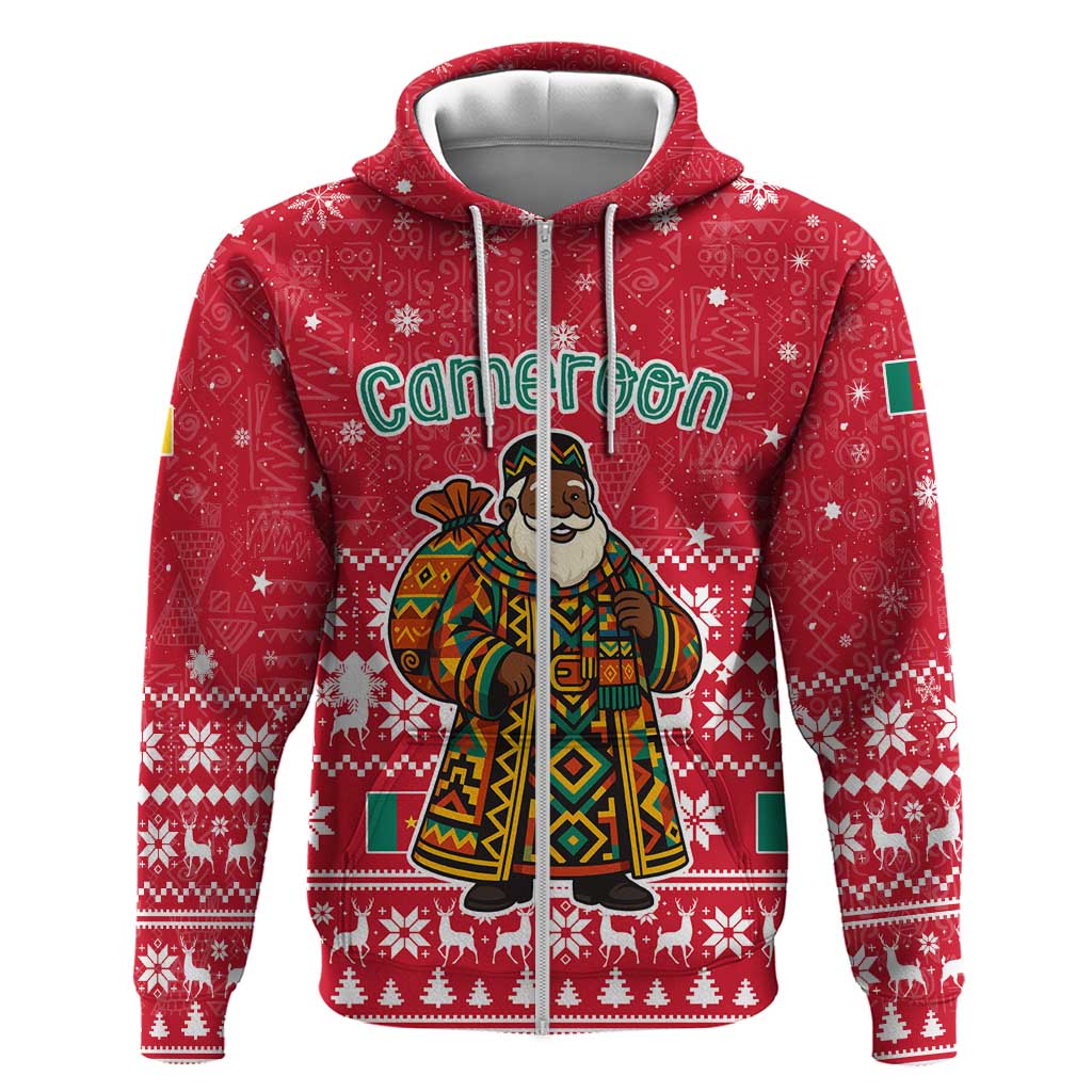 Cameroon Christmas Zip Hoodie Snowflake Pattern Traditional Santa and Map Motif - African Pride