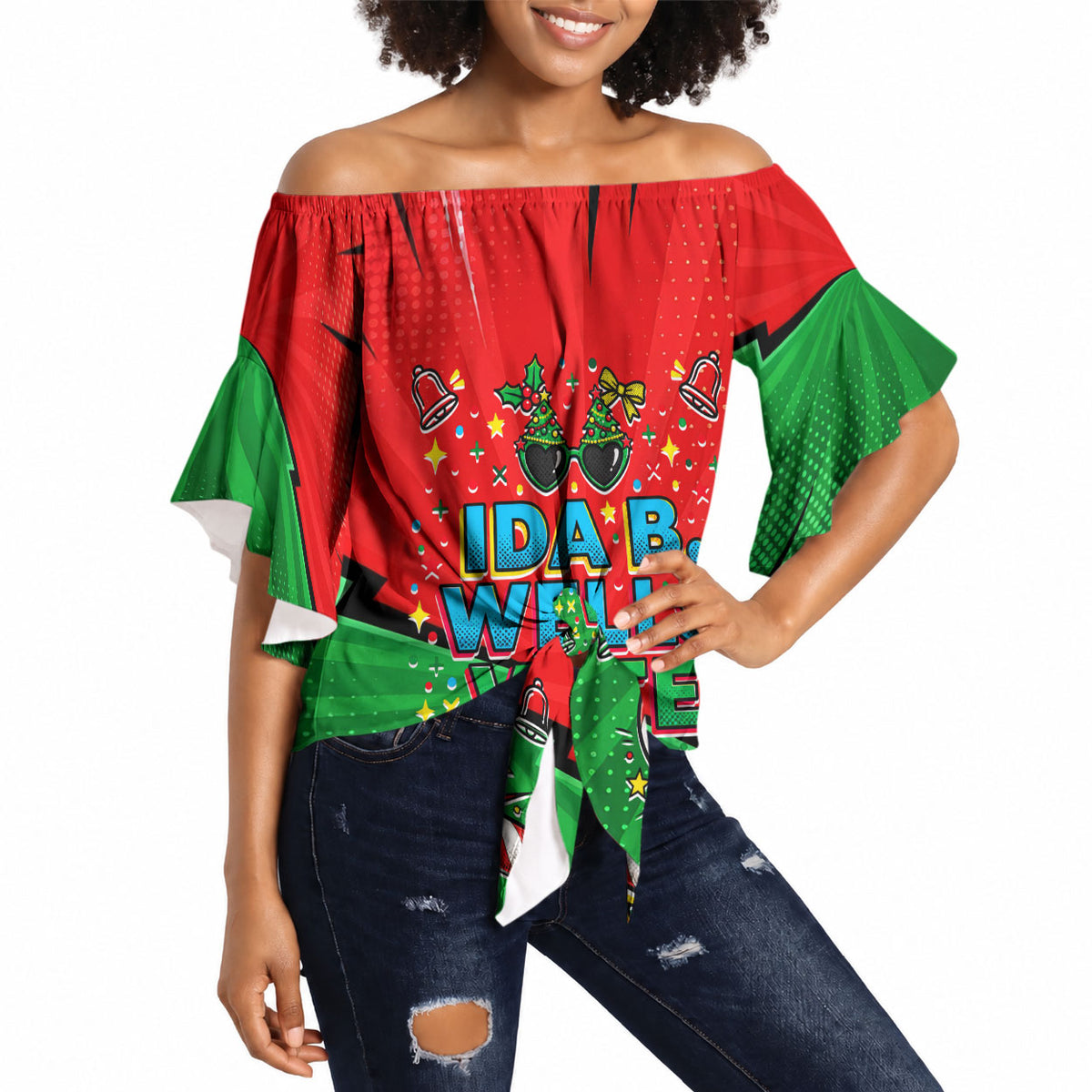 Ida B. Wells Fearless Off Shoulder Wrap Waist Top Festive Pop Art Comic Christmas