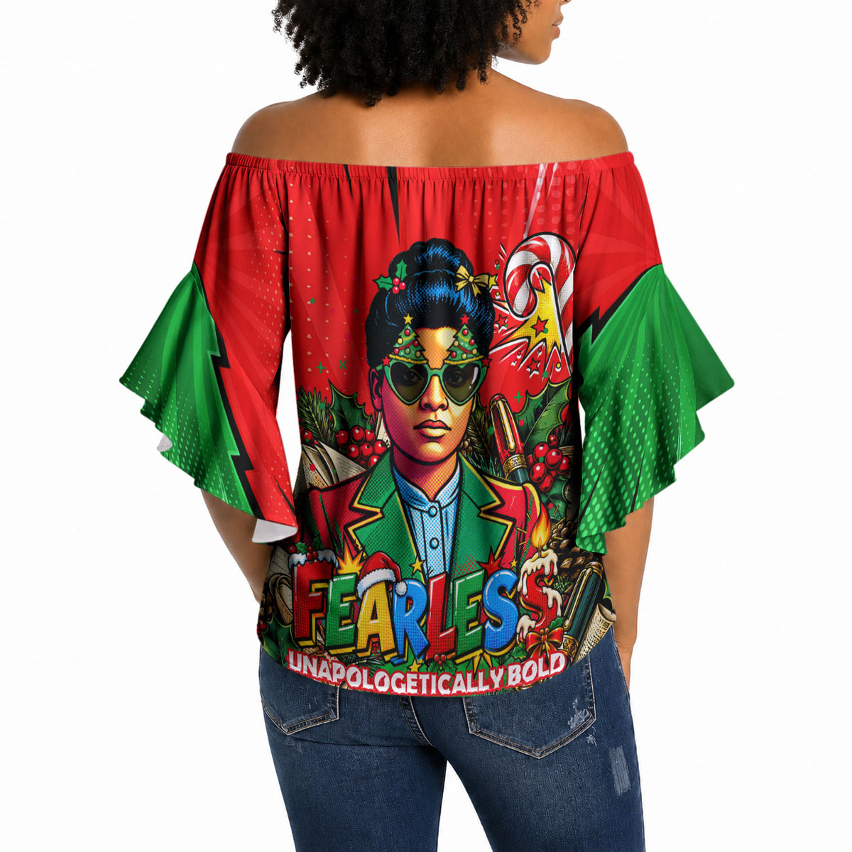 Ida B. Wells Fearless Off Shoulder Wrap Waist Top Festive Pop Art Comic Christmas