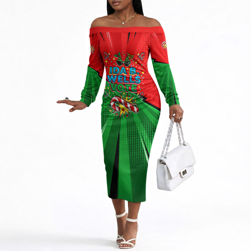 Ida B. Wells Fearless Off The Shoulder Long Sleeve Dress Festive Pop Art Comic Christmas