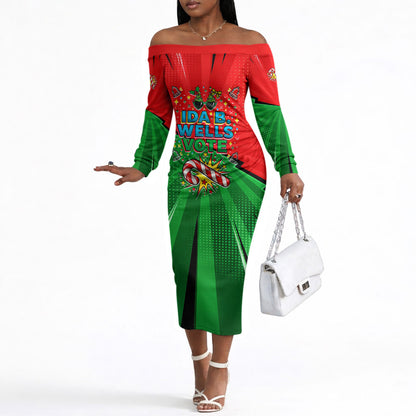 Ida B. Wells Fearless Off The Shoulder Long Sleeve Dress Festive Pop Art Comic Christmas