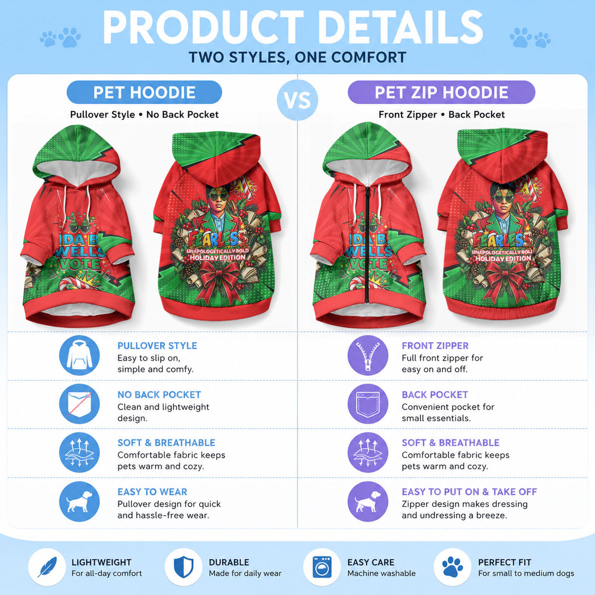 Ida B. Wells Fearless Pet Hoodie Festive Pop Art Comic Christmas