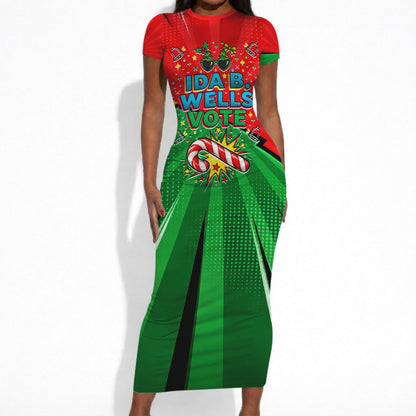 Ida B. Wells Fearless Short Sleeve Bodycon Dress Festive Pop Art Comic Christmas