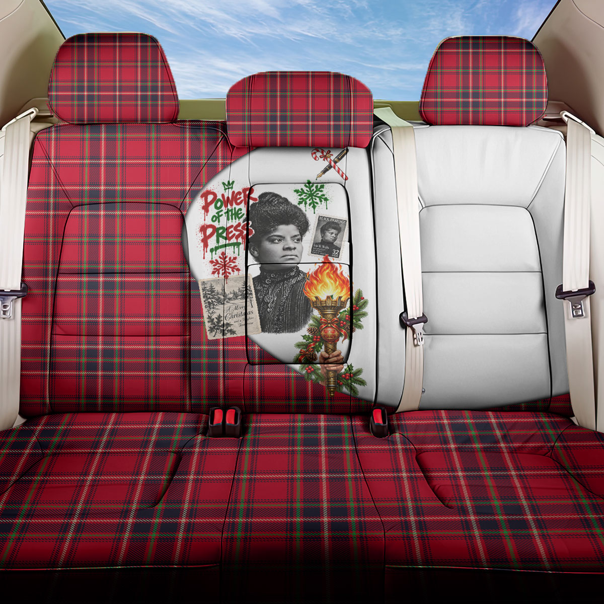 Ida B. Wells Power Of The Press Christmas Back Car Seat Cover Vintage Plaid Red Torch Holiday
