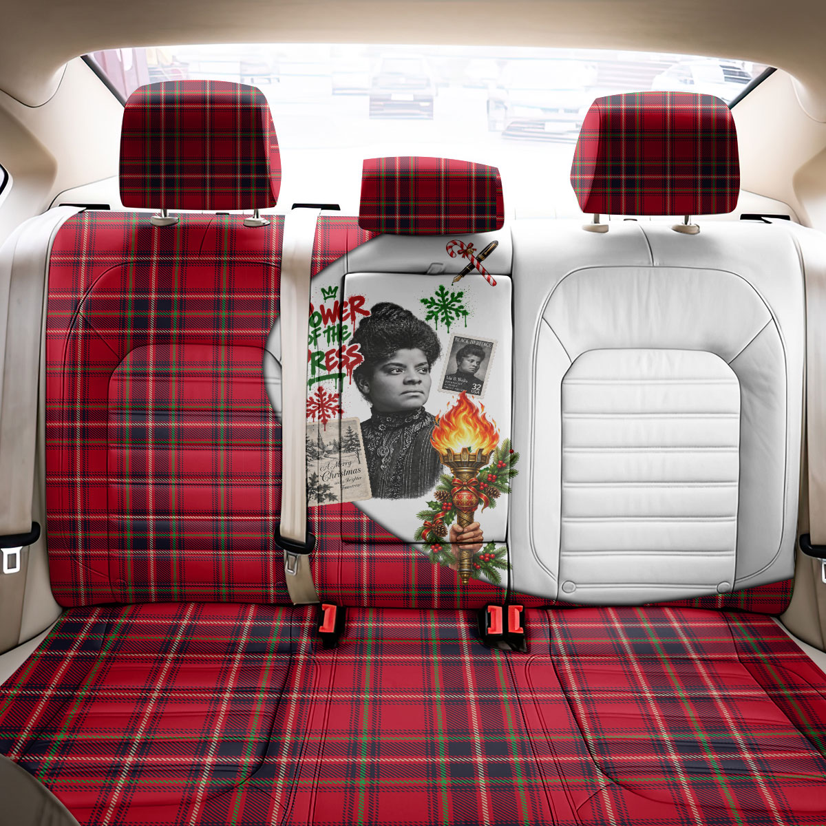Ida B. Wells Power Of The Press Christmas Back Car Seat Cover Vintage Plaid Red Torch Holiday
