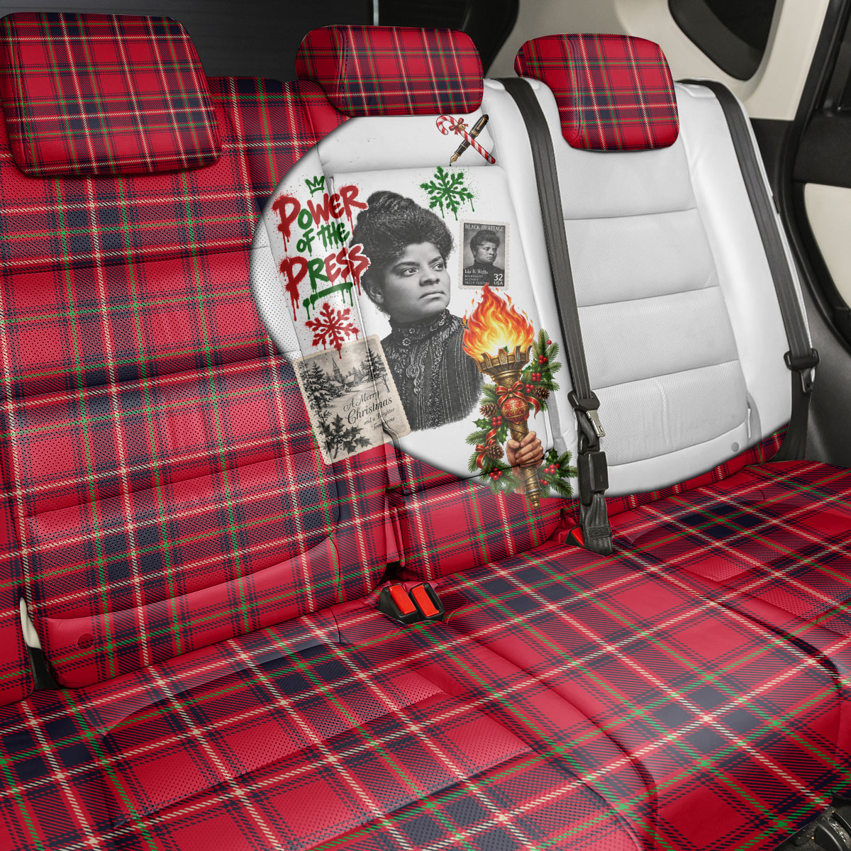 Ida B. Wells Power Of The Press Christmas Back Car Seat Cover Vintage Plaid Red Torch Holiday