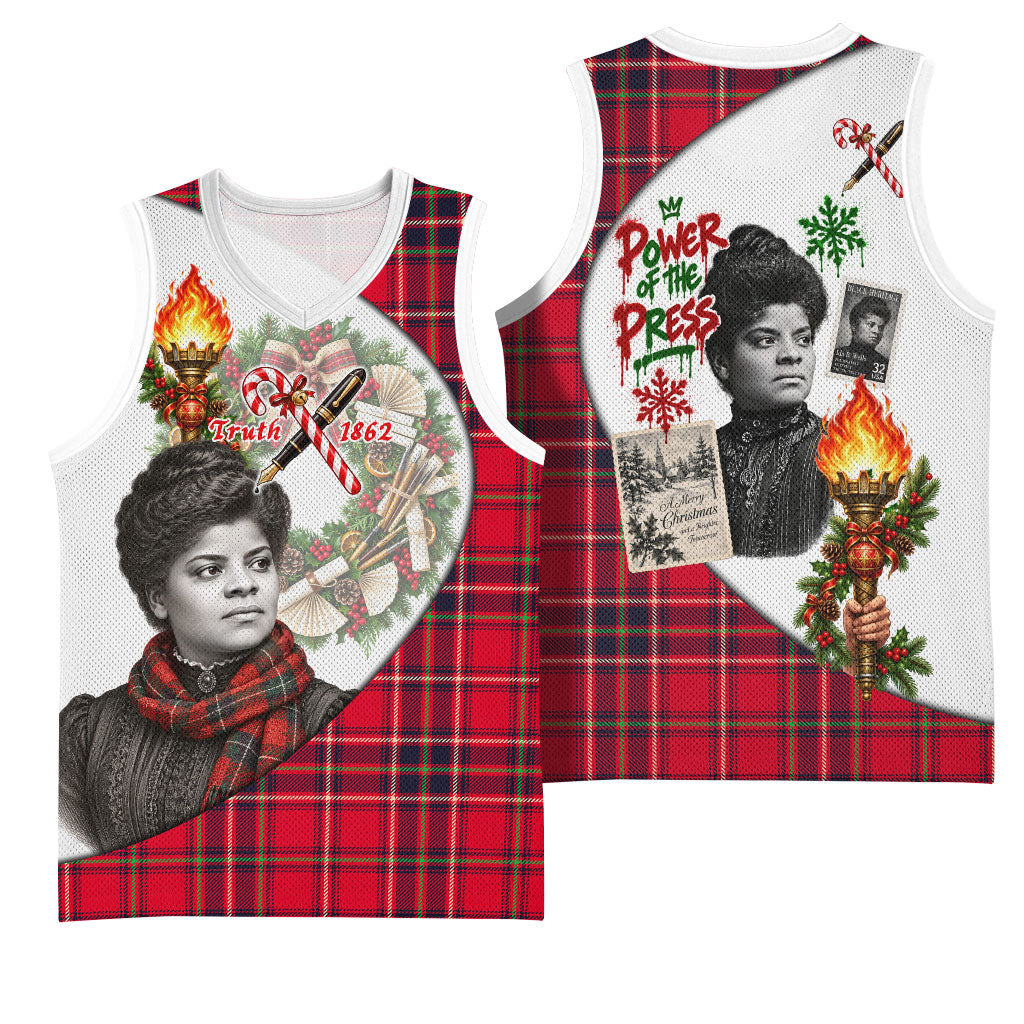 Ida B. Wells Power Of The Press Christmas Basketball Jersey Vintage Plaid Red Torch Holiday