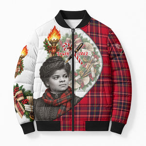 Ida B. Wells Power Of The Press Christmas Bomber Puffer Jacket Vintage Plaid Red Torch Holiday