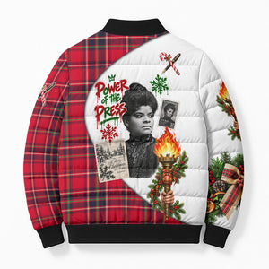 Ida B. Wells Power Of The Press Christmas Bomber Puffer Jacket Vintage Plaid Red Torch Holiday