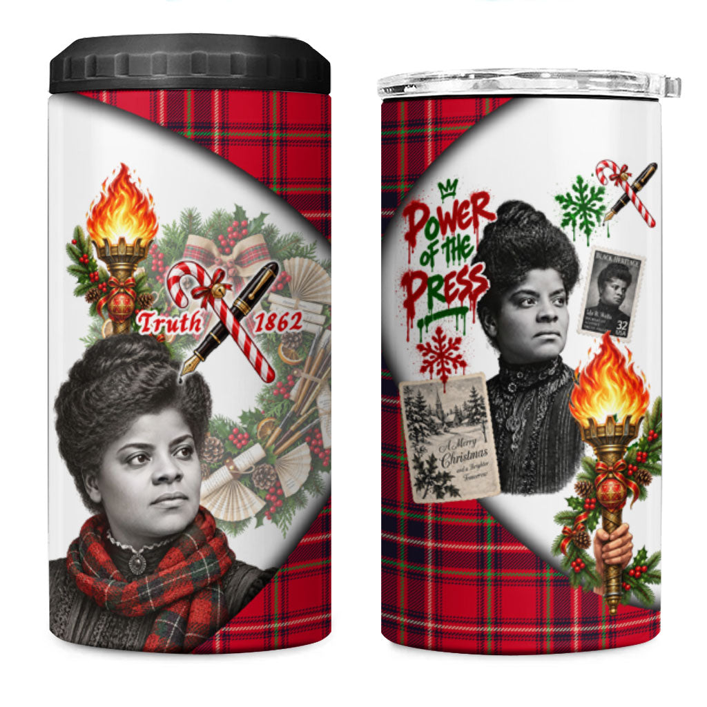 Ida B. Wells Power Of The Press Christmas 4 in 1 Can Cooler Tumbler Vintage Plaid Red Torch Holiday