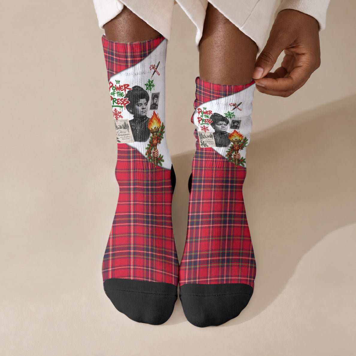 Ida B. Wells Power Of The Press Christmas Crew Socks Vintage Plaid Red Torch Holiday
