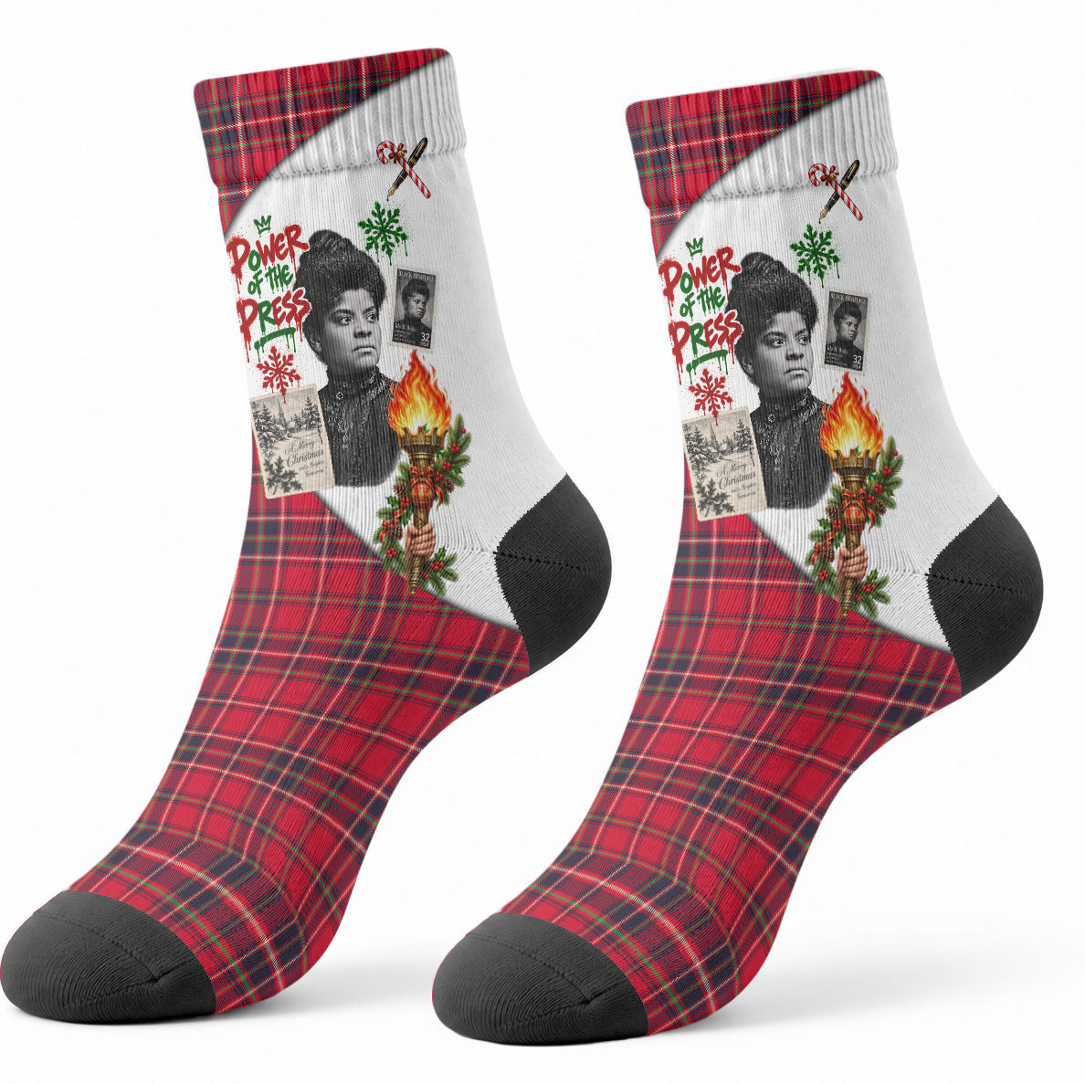 Ida B. Wells Power Of The Press Christmas Crew Socks Vintage Plaid Red Torch Holiday