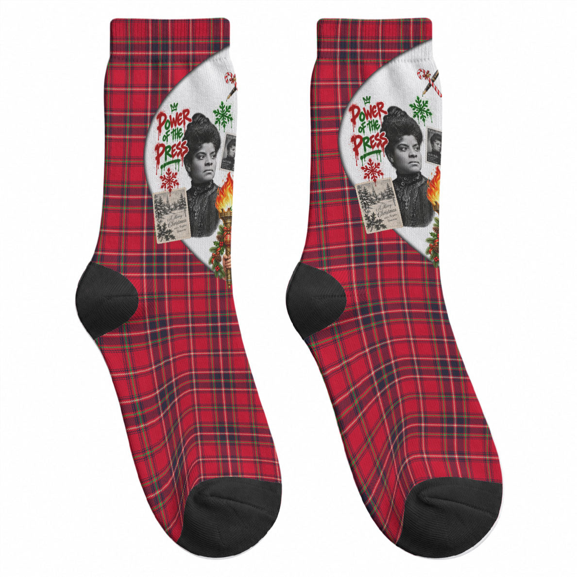 Ida B. Wells Power Of The Press Christmas Crew Socks Vintage Plaid Red Torch Holiday