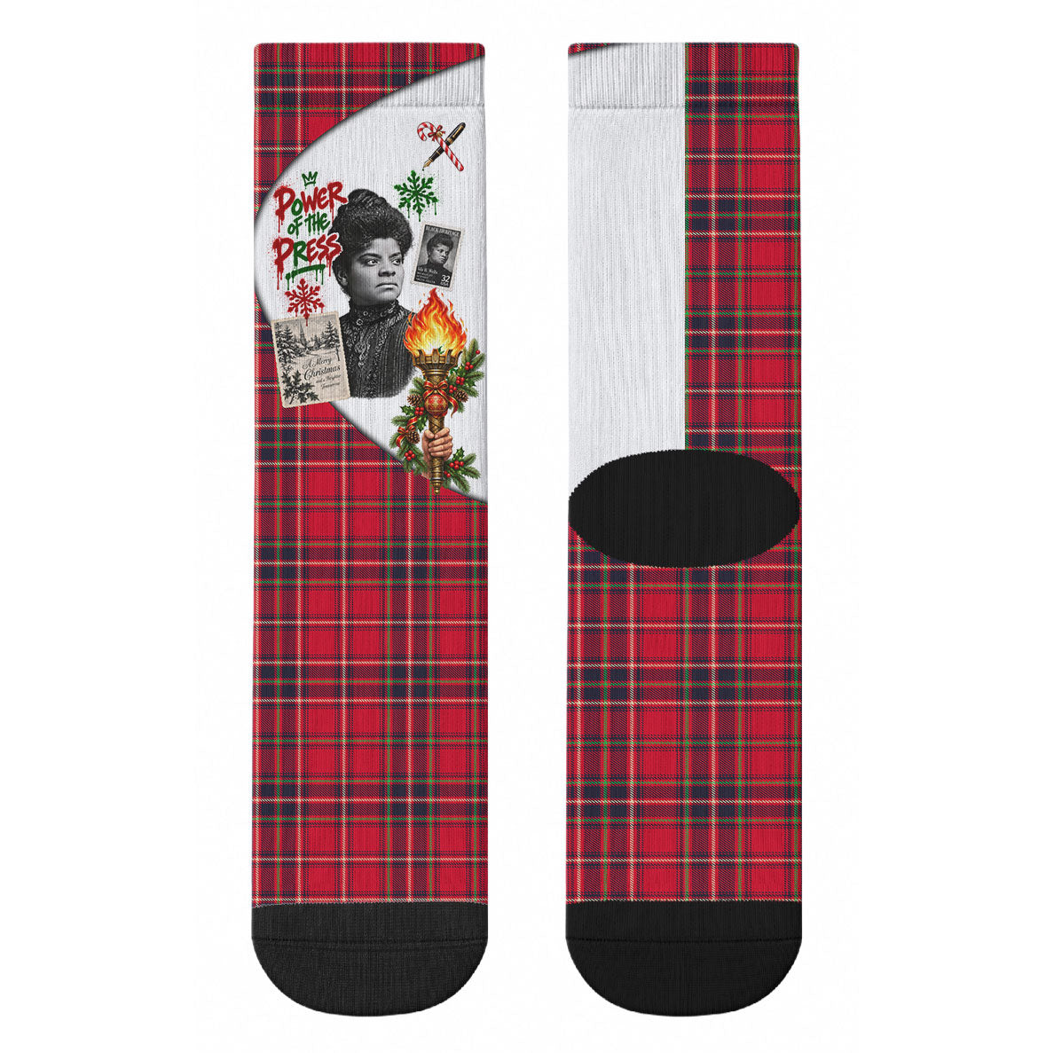 Ida B. Wells Power Of The Press Christmas Crew Socks Vintage Plaid Red Torch Holiday