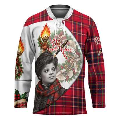 Ida B. Wells Power Of The Press Christmas Hockey Jersey Vintage Plaid Red Torch Holiday