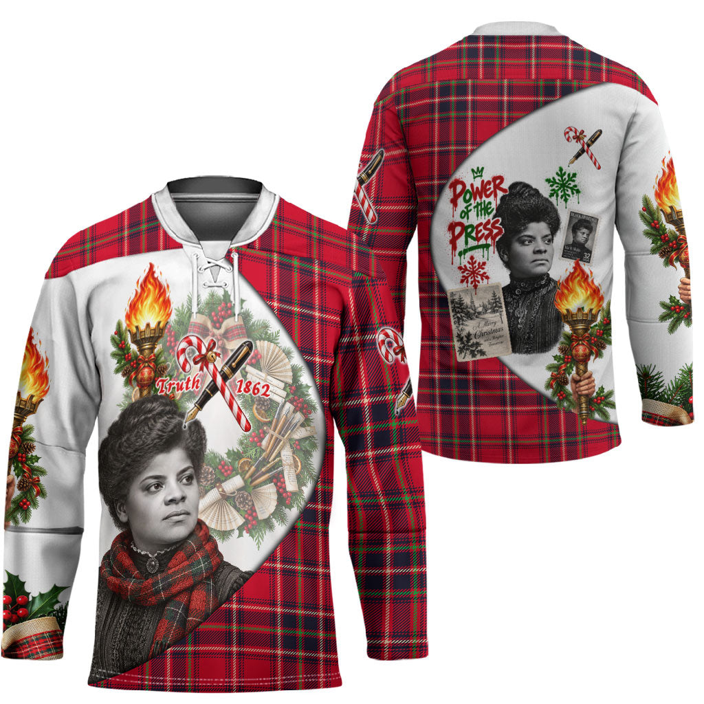 Ida B. Wells Power Of The Press Christmas Hockey Jersey Vintage Plaid Red Torch Holiday