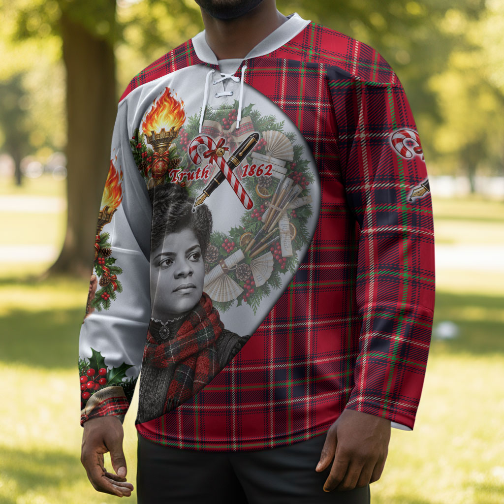 Ida B. Wells Power Of The Press Christmas Hockey Jersey Vintage Plaid Red Torch Holiday