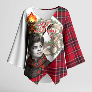 Ida B. Wells Power Of The Press Christmas Kimono Sleeve Blouse Vintage Plaid Red Torch Holiday
