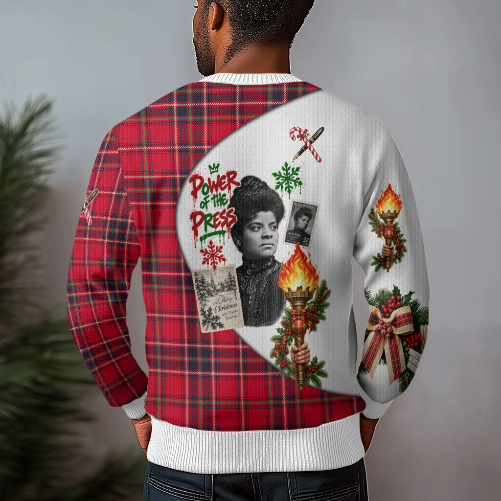 Ida B. Wells Power Of The Press Christmas Ugly Christmas Sweater Vintage Plaid Red Torch Holiday