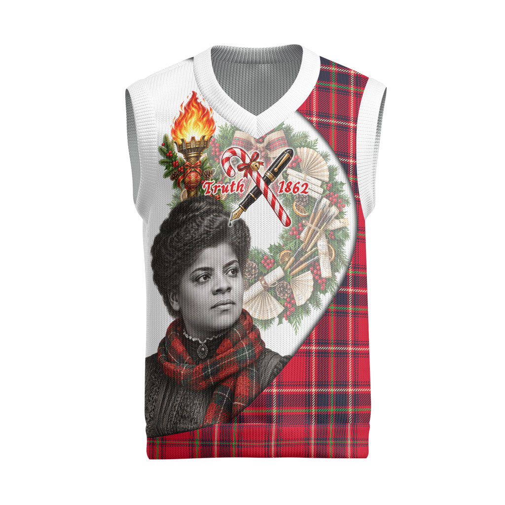 Ida B. Wells Power Of The Press Christmas Knitted V-Neck Vest Vintage Plaid Red Torch Holiday