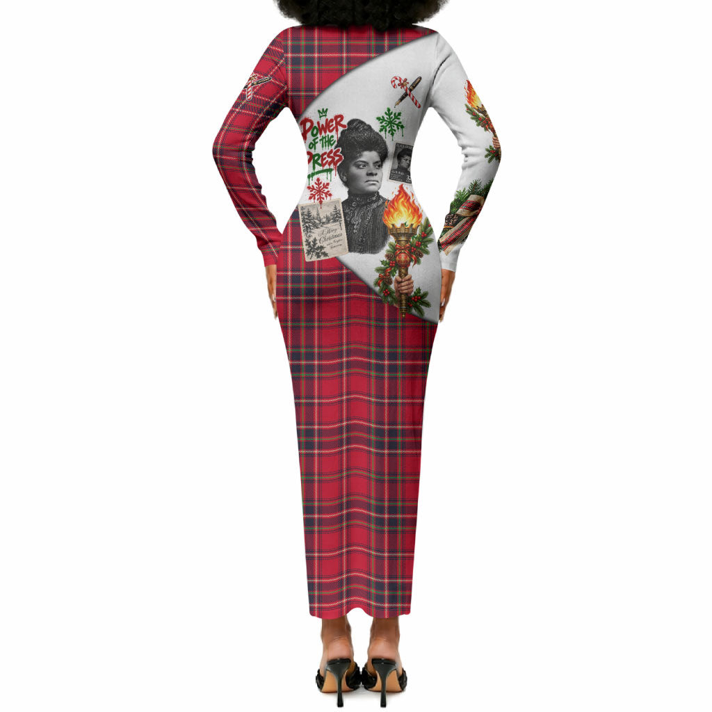 Ida B. Wells Power Of The Press Christmas Long Sleeve Bodycon Dress Vintage Plaid Red Torch Holiday