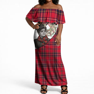 Ida B. Wells Power Of The Press Christmas Off Shoulder Maxi Dress Vintage Plaid Red Torch Holiday