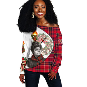 Ida B. Wells Power Of The Press Christmas Off Shoulder Sweater Vintage Plaid Red Torch Holiday