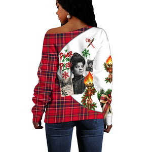 Ida B. Wells Power Of The Press Christmas Off Shoulder Sweater Vintage Plaid Red Torch Holiday