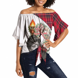 Ida B. Wells Power Of The Press Christmas Off Shoulder Wrap Waist Top Vintage Plaid Red Torch Holiday