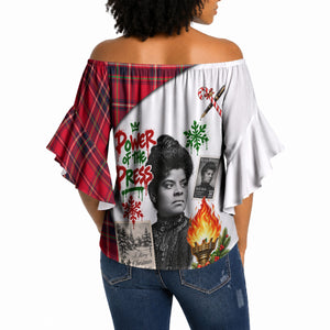 Ida B. Wells Power Of The Press Christmas Off Shoulder Wrap Waist Top Vintage Plaid Red Torch Holiday