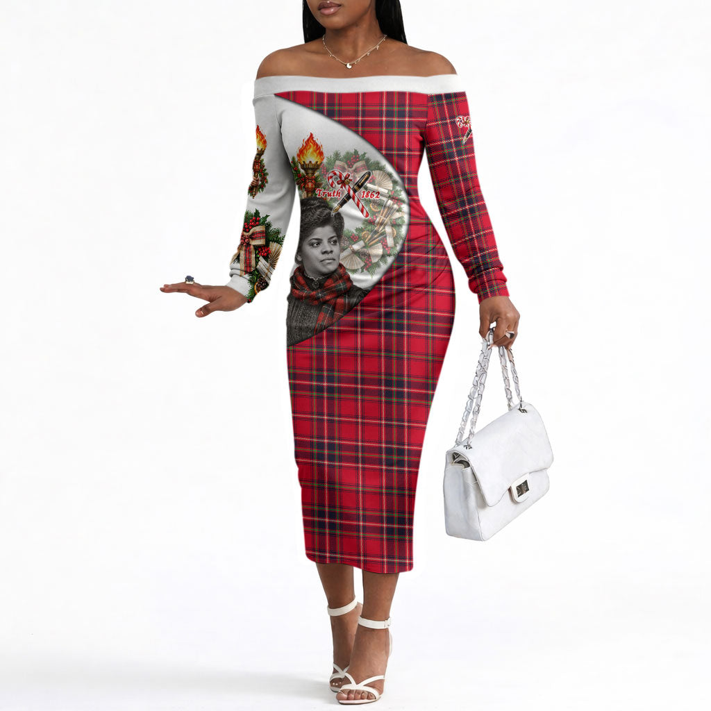 Ida B. Wells Power Of The Press Christmas Off The Shoulder Long Sleeve Dress Vintage Plaid Red Torch Holiday