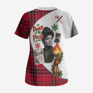 Ida B. Wells Power Of The Press Christmas Scrub Top Vintage Plaid Red Torch Holiday