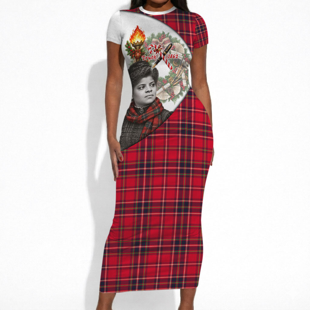 Ida B. Wells Power Of The Press Christmas Short Sleeve Bodycon Dress Vintage Plaid Red Torch Holiday