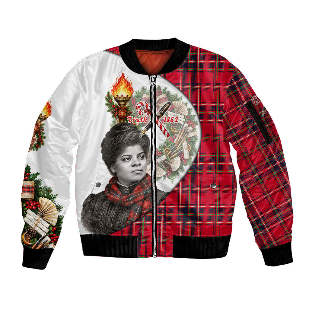 Ida B. Wells Power Of The Press Christmas Sleeve Zip Bomber Jacket Vintage Plaid Red Torch Holiday