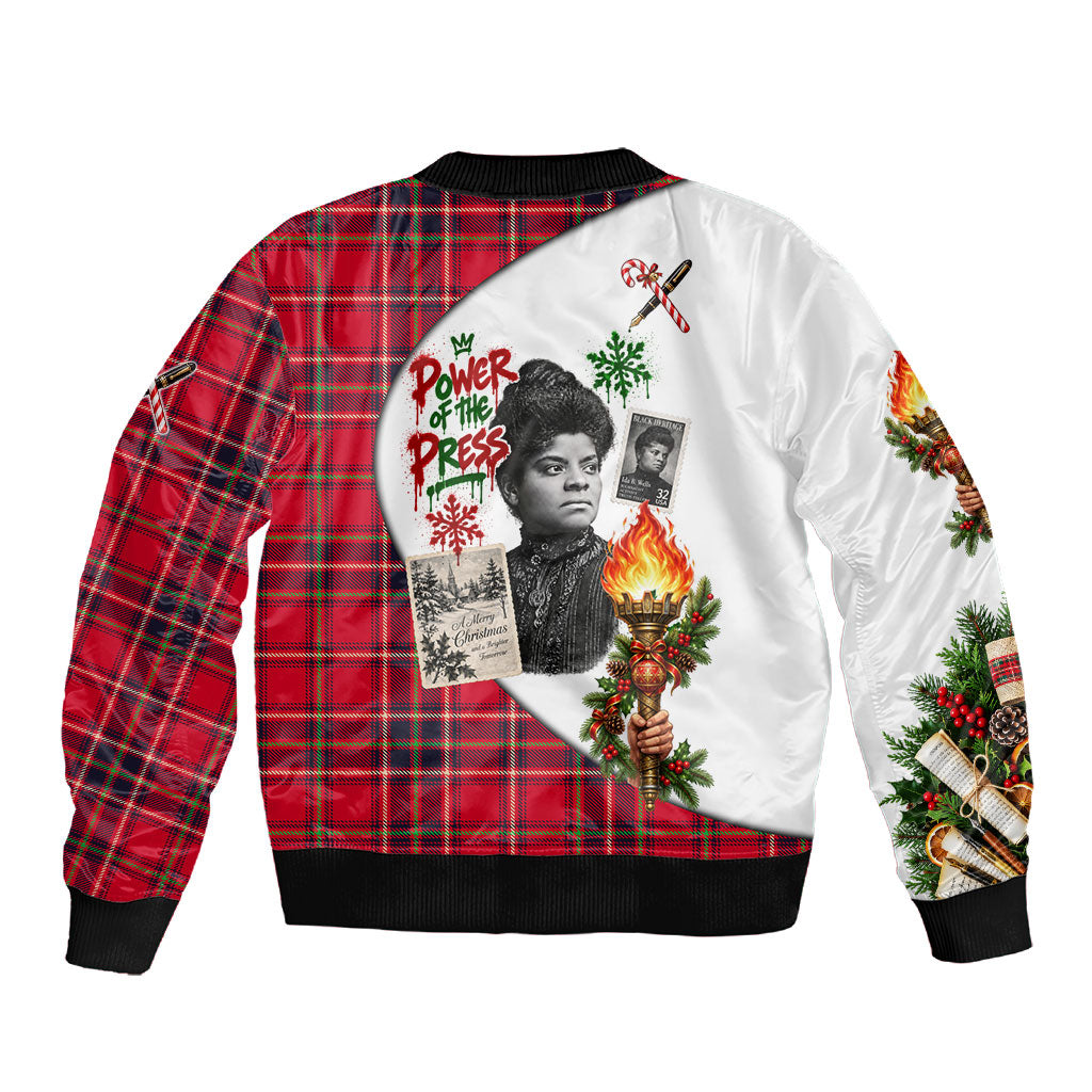 Ida B. Wells Power Of The Press Christmas Sleeve Zip Bomber Jacket Vintage Plaid Red Torch Holiday