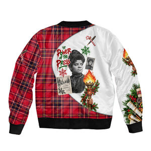 Ida B. Wells Power Of The Press Christmas Sleeve Zip Bomber Jacket Vintage Plaid Red Torch Holiday