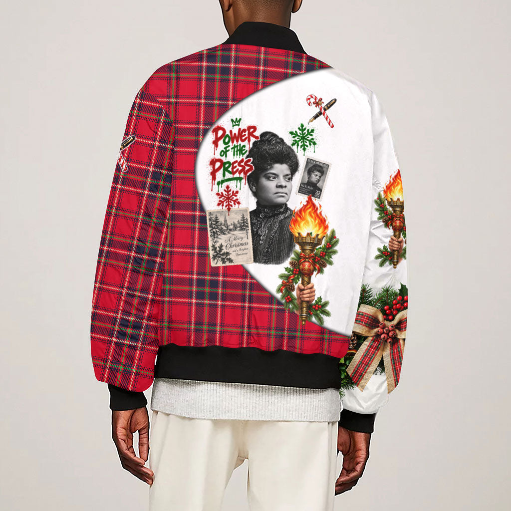 Ida B. Wells Power Of The Press Christmas Sleeve Zip Bomber Jacket Vintage Plaid Red Torch Holiday