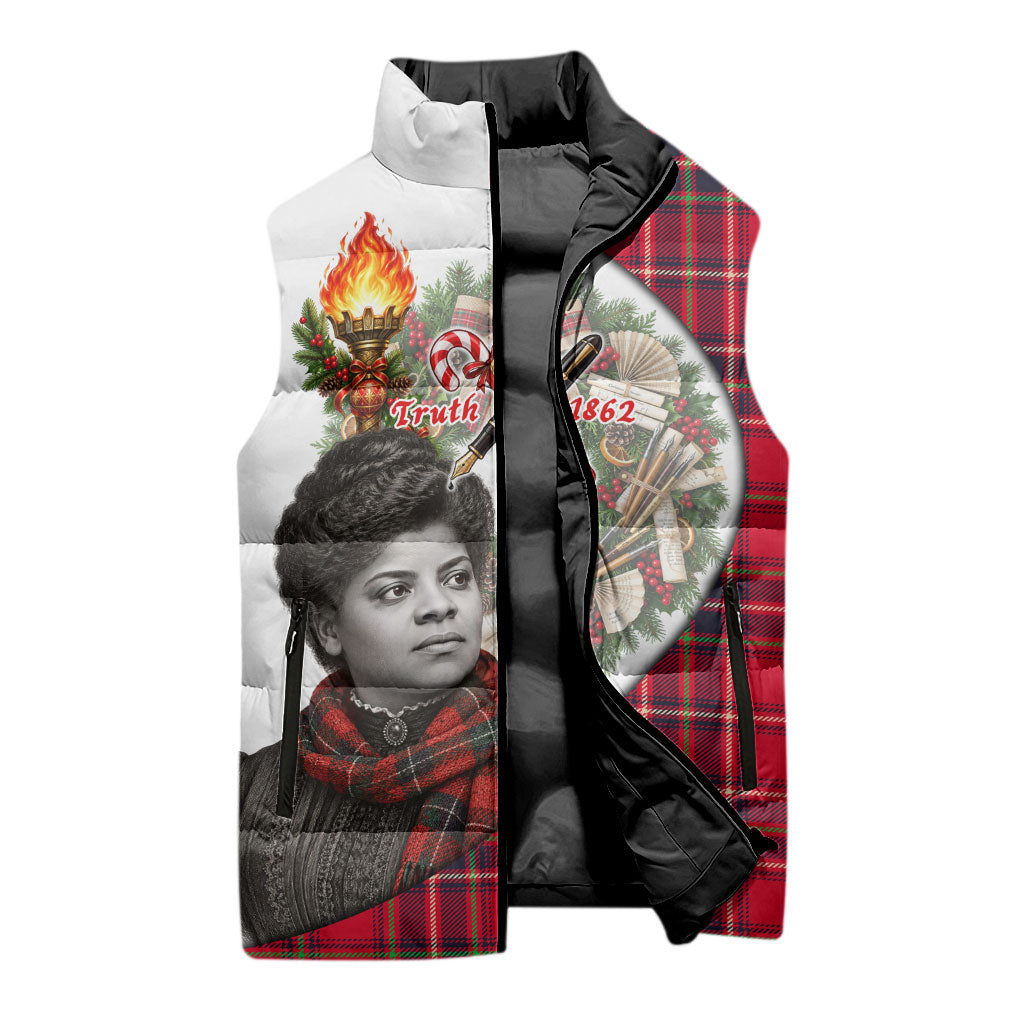 Ida B. Wells Power Of The Press Christmas Sleeveless Puffer Jacket Vintage Plaid Red Torch Holiday