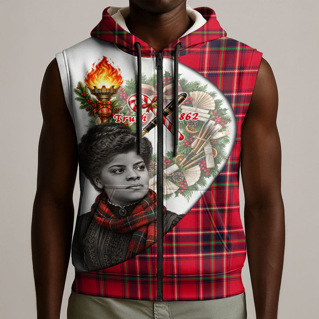 Ida B. Wells Power Of The Press Christmas Sleeveless Zip Hoodie Vintage Plaid Red Torch Holiday