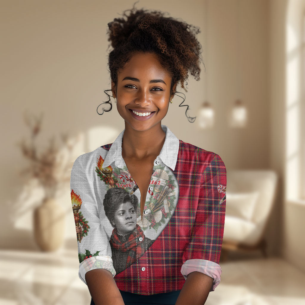 Ida B. Wells Power Of The Press Christmas Women Casual Shirt Vintage Plaid Red Torch Holiday