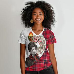 Ida B. Wells Power Of The Press Christmas Women V-Neck T-Shirt Vintage Plaid Red Torch Holiday
