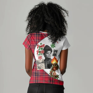 Ida B. Wells Power Of The Press Christmas Women V-Neck T-Shirt Vintage Plaid Red Torch Holiday