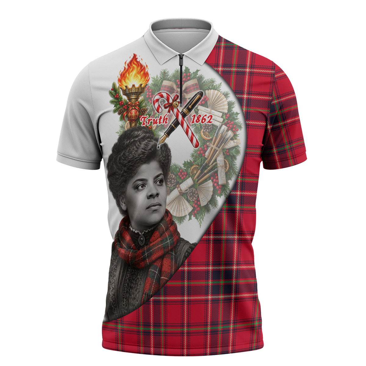 Ida B. Wells Power Of The Press Christmas Zipper Polo Shirt Vintage Plaid Red Torch Holiday